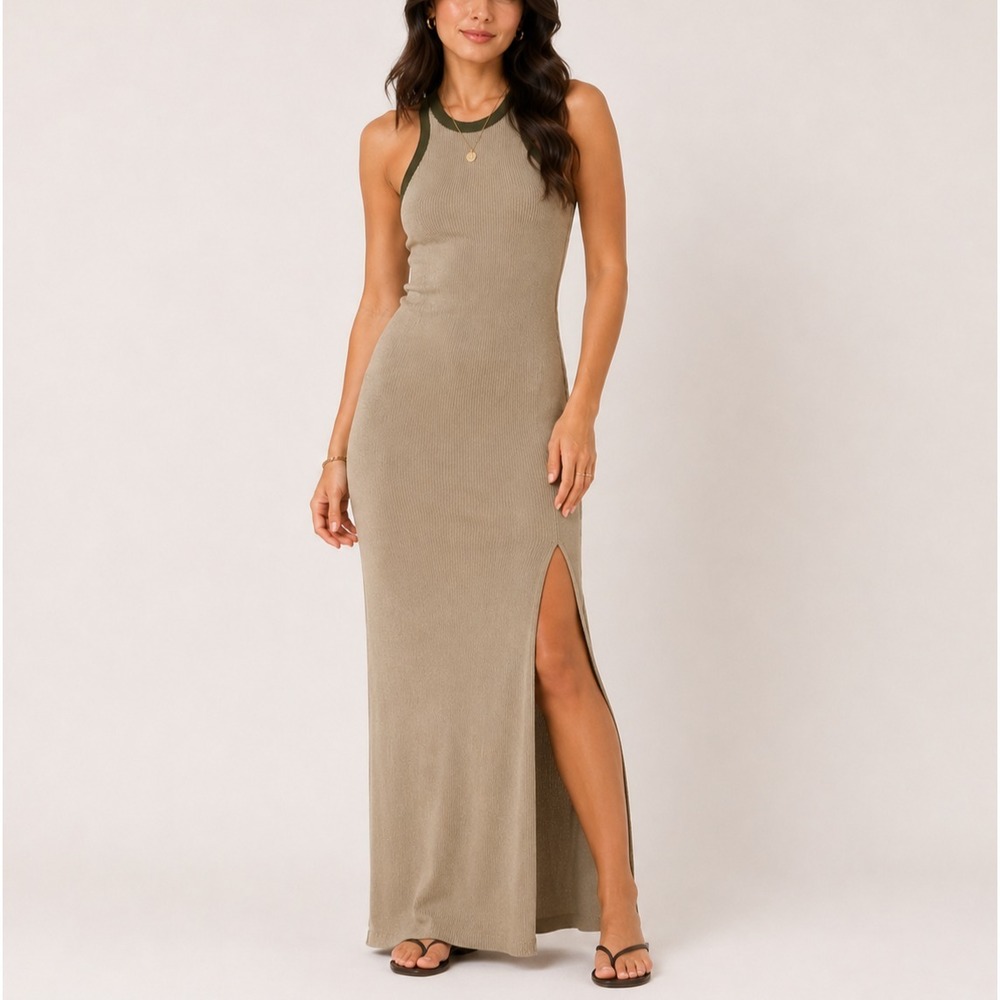 SER.O.YA Dress Womens S Beige Ribbed Knit Tank Bodycon Maxi Racerback Minimalist